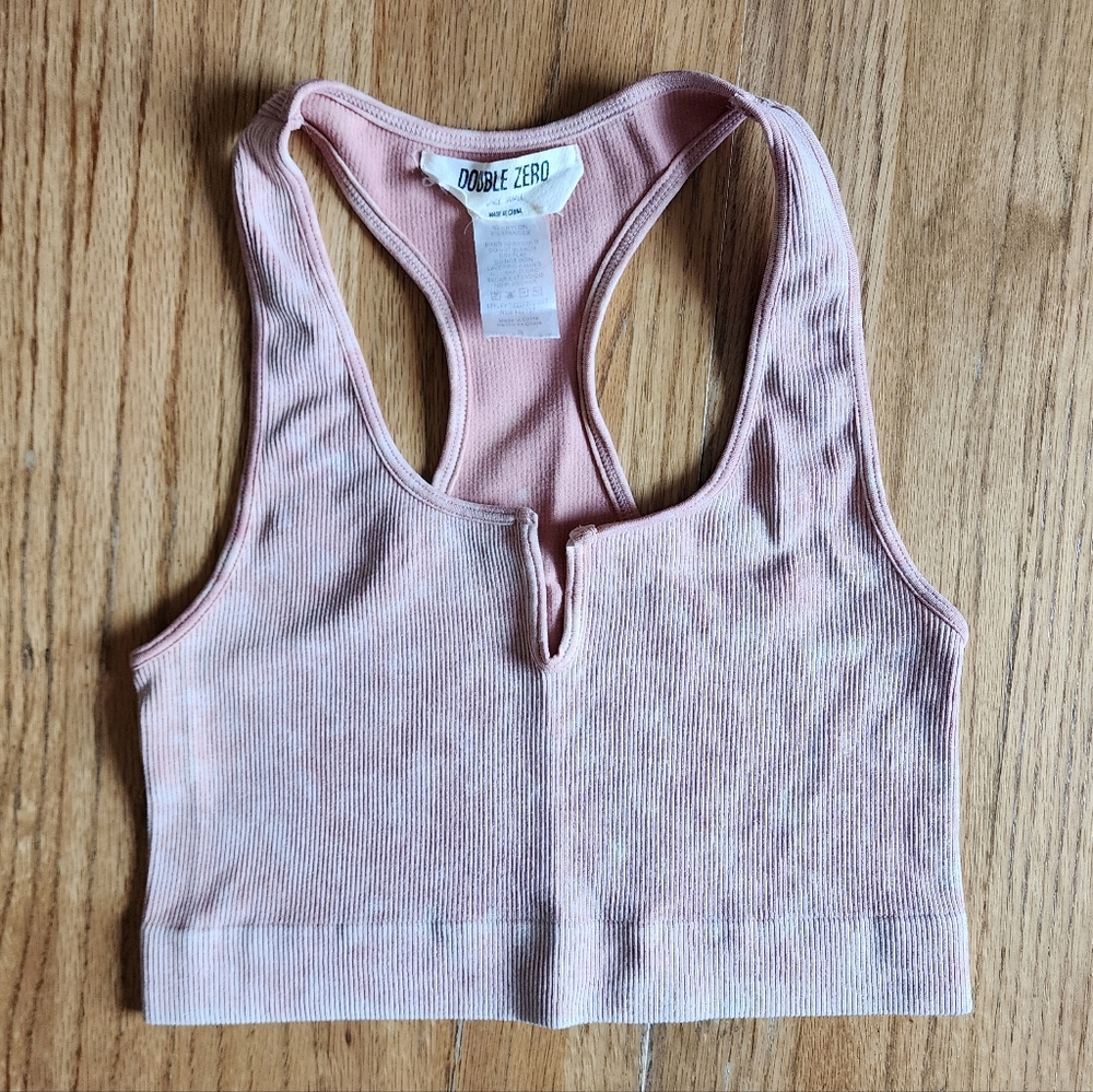 Double Zero Women's Pink V-Neck Ribbed Activewear Racerback Sports Bra Small S